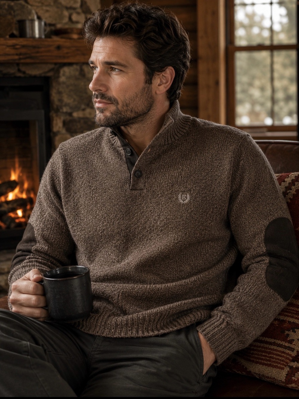 MEN’S CHAPS HEATHERED BROWN 1/4 BUTTON FISHERMAN SWEATER ELBOW PATCHES LARGE